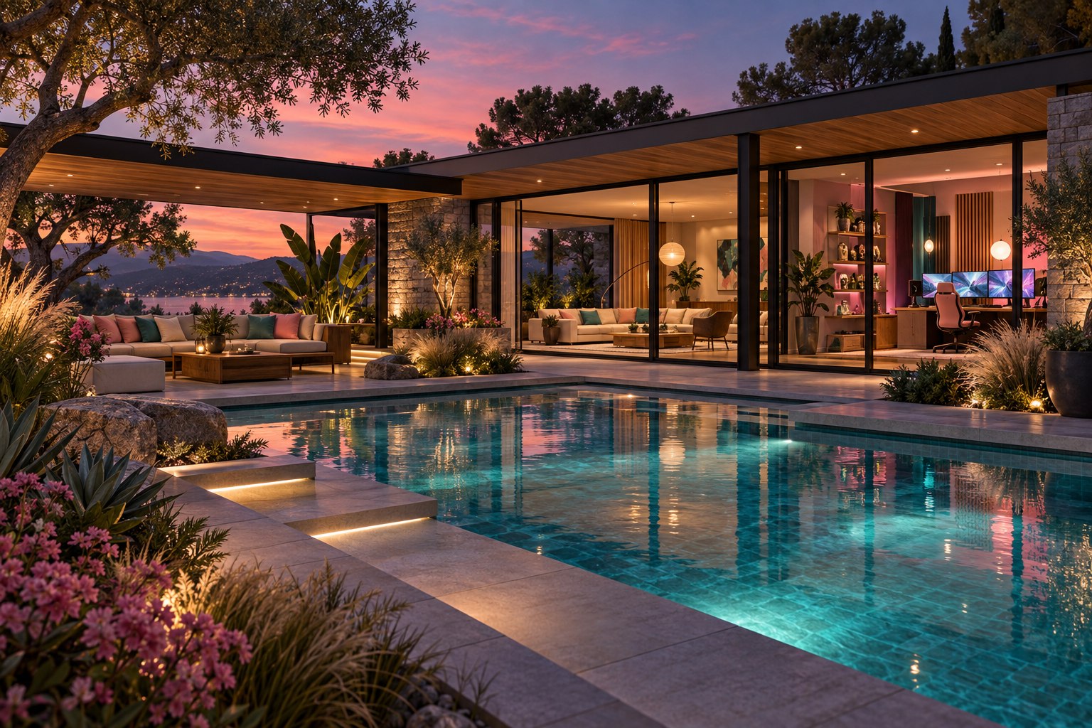 Concept artwork of Twisted’s single-story modern home, pool, lush planting, and softly lit creator studio