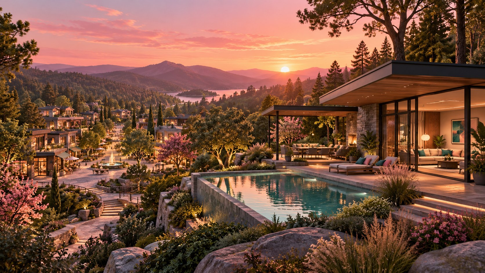 Concept artwork of a wooded community town and a modern home with a pool at sunset